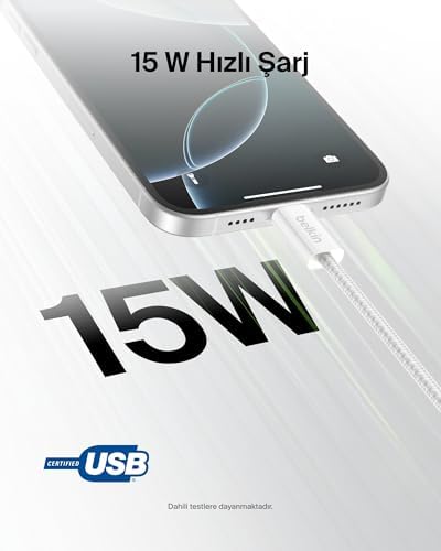 2'li Örgülü USB-A - USB-C Kablo, 1,5 m, 15 W, Yumuşak, Esnek ve Hızlı Şarj Kablosu, 17 ve 16 Serisi, Galaxy S25, 10, iPad Pro ve Daha Fazlasıyla Uyumlu, Beyaz