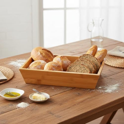 Bambu Ekmek Sepeti ve Sunumluk (33x15x7 cm) | Doğal Ahşap Modern Meyve, Sebze ve Servis Sepeti | Antibakteriyel ve Şık Tezgah Üstü Düzenleyici