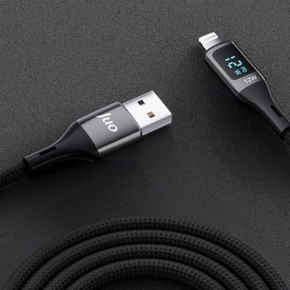 12W Dijital Led Ekranlı USB-A to Lightning iPad Örgülü Hızlı Şarj ve Data Kablosu 1 Metre