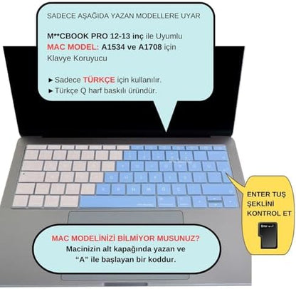 Türkçe Q Klavye Koruyucu MacBook A1534 A1708 Uyumlu UK Avrupa Ters L Enter Silikon Klavye Koruyucu Renkli Pastel Tasarım Mavi Pembe