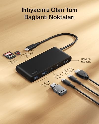 USB-C Hub, 7 Portlu, 60 Hz’de 4K HDMI Ekran Desteği, SD ve MicroSD Yuvaları, 100W Güç İletimi, 5Gbps Veri Aktarımı, MacBook, iPad Pro, Chromebook için USB-C Çoklu Port Adaptörü, HDMI 2.0, Siyah