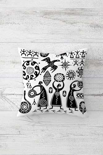 Etnik Bohemian Maya Desenli Gizli Fermuarlı Kırlent Kılıfı Koltuk Yastık Kılıfı Takım(4adet), Beyaz-Siyah 45 x 45