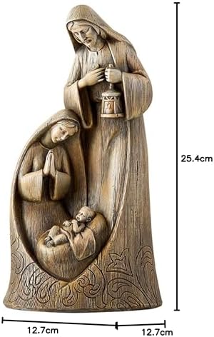 Avalon Galeri Noel Figürleri - Oyma Ahşap Görünümlü Joseph Mary ve Jesus Masa Üstü Doğum Heykelcik, 25,8 cm, Kutsal Aile