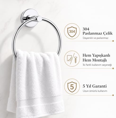 304 Paslanmaz Çelik Yuvarlak Havlu Askısı, Krom Kaplama Halka Havluluk, Yapışkanlı ve Vidalı Montajlı, 5 Yıl Garantili Banyo Aksesuarı