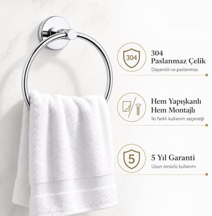 304 Paslanmaz Çelik Yuvarlak Havlu Askısı, Krom Kaplama Halka Havluluk, Yapışkanlı ve Vidalı Montajlı, 5 Yıl Garantili Banyo Aksesuarı