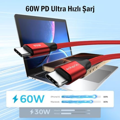 USB C'den USB C'ye 60W, 2.4A, 1m, PD 2.0, Çift Kat Örgülü Hızlı Şarj ve Data Kablosu (Kırmızı, 1 metre)