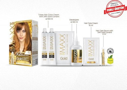serisi 24K Altın Parçacıklı Serum ile 1 Kutu 2 x 50 ml ve Geliştiriciler Saç Boyası (KARAMEL 8.73)