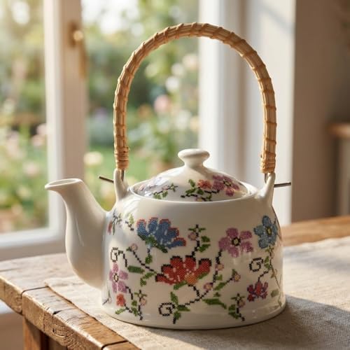 Porselen Çini Piraye Demlik - Bambu/Hasır Saplı, Ateşe Dayanıklı Nostaljik Bitki Çayı ve Çay Demliği (900 ml - 2 Farklı Desen Seçeneği) (PIRAYE)