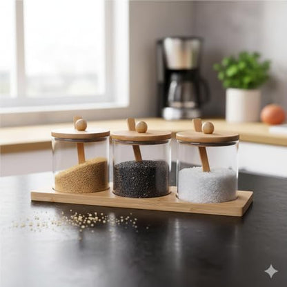 Cam Baharatlık Seti Bambu Standlı Kapaklı Kaşıklı Şık 3 Parça, 3'lü Cam Baharatlık | Şık ve Fonksiyonel Bambu Standlı - Mutfakta Estetiği Yakalayın!