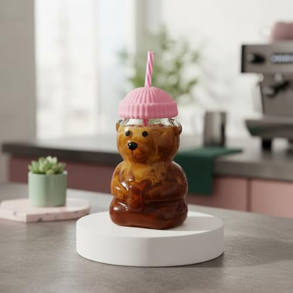 Sevimli Ayıcık Figürlü Borosilikat Cam Bardak 580 ml - Silikon Kapaklı ve Pipetli Lüx Barista Soğuk İçecek Bardağı (PEMBE)