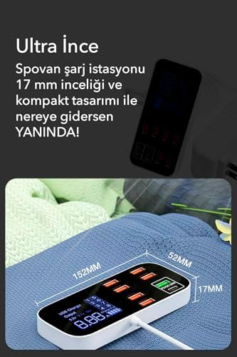 Spovan Led Ekranlı 8 Port Masaüstü Duvar Seyahat Type C USB 40W Şarj İstasyonu Adaptörü