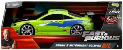 Jada 1:16 Ölçek Fast & Furious Brian'ın Mitsubishi Eclipse RC Araba, Yeşil, Turbo Tuşlu, 2.4 GHz, USB Şarjlı, 29 cm, Piller Dahil