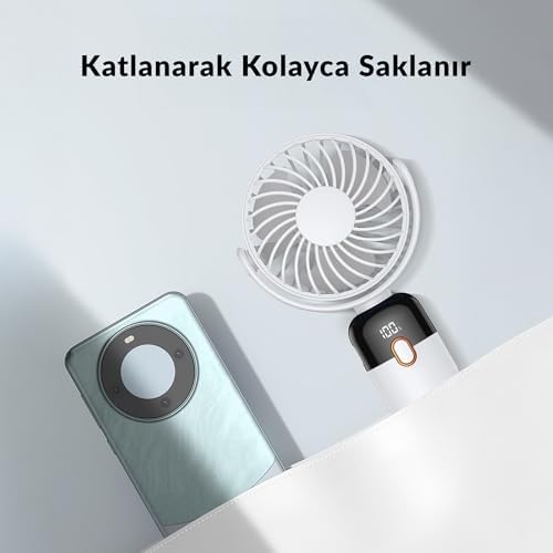 Warmco K70 Taşınabilir Şarjlı El Vantilatörü 2400mAh 360° Döner Başlıklı Standlı Dijital Ekranlı Soğutucu Fan Beyaz