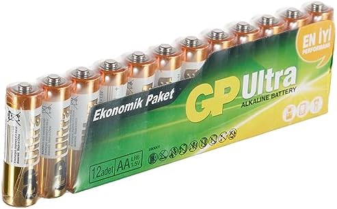 GP Batteries GP15AU Ultra Alkalin LR6/E91/AA Kalem Pil, 1.5 Volt, 12'li Paket, Bakır/Siyah/Beyaz