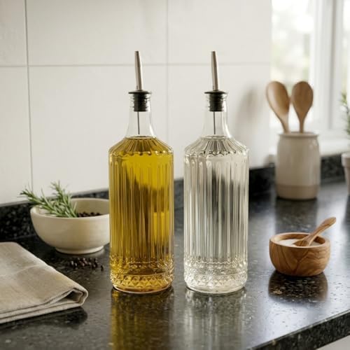 2'li Pure Model Şeffaf Cam Yağdanlık Seti - Optikli (Çizgili) Tasarım, Paslanmaz Akıtmaz Uçlu Yağ ve Sirke Şişesi (750 ml x 2 Adet)