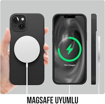 iPhone 13/14 Kılıf İnce Sıvı Silikon 3 Katmanlı Tam Kaplamalı Yumuşak Jel Kauçuk Kılıf Kapak (Siyah)