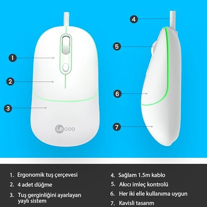 MS110 USB Kablolu 2400DPI 4 Tuşlu RGB Sessiz Click Optik Mouse - PC, Mac, Dizüstü Bilgisayar ile Uyumlu, Tak Çalıştır Kolay Bağlantı, Sağ ve Sol Elle Kullanıma Uygun, Kompakt Mouse Beyaz