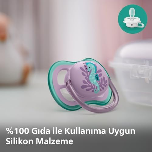 Ultra Air Emzik, Kız Bebekler için 6-18 Ay, 2’li Paket, Ortodontik Silikon, Geniş Hava Delikli, Mikrodalga Sterilize Edilebilir, BPA İçermez, Taşıma Kutulu, SCF085/61