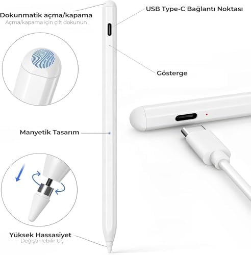 Tablet Kalemi iPad Uyumlu – Stylus Kalem, Avuç İçi Reddetme & Eğim Özelliği, Hassas Yazım, 2 Yedek Uç Dahil, iPad Pro/iPad Mini/iPad Air