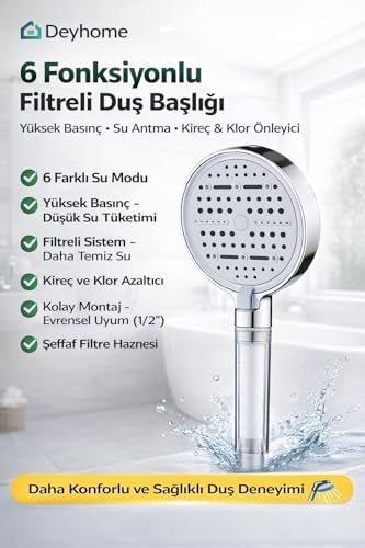 6 Fonksiyonlu Filtreli Duş Başlığı Su Arıtmalı Klor ve Kireç Önleyici Yüksek Basınçlı Duş Sistemi (Beyaz Krom 6 Fonksiyonlu)