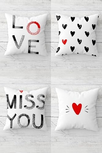 Miss You Love Sevgili Temalı Gizli Fermuarlı Kırlent Kılıfı Koltuk Yastık Kılıfı Takım(4adet), Gri-Kırmızı-Beyaz 43 x 43