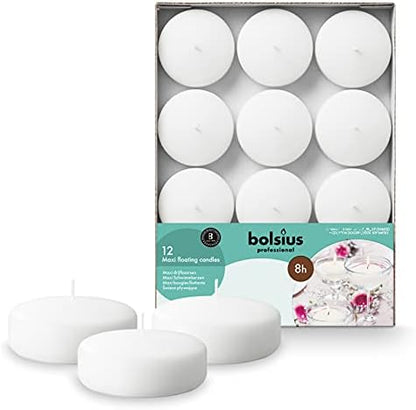 bolsius Beyaz Mega Yüzen Mumlar, 8 Saat Yanma Süreli, Ø 7,6 cm çapında, 12 Adet