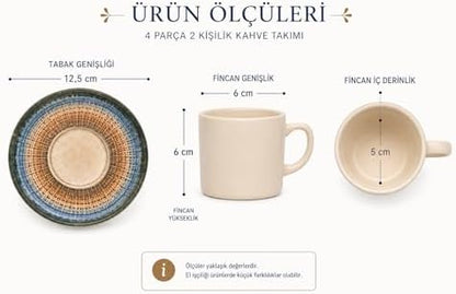 Kahve Fincan Takımı, Elegance Desenli 4 Parça 2 Kişilik Seramik, Seramik Kahve Takımı, 4 Parça Kahve Seti, Şık Desenli Seramik Türk Kahvesi Fincan Seti, Premium Seramik Kahve Seti, Modern Kahve Seti