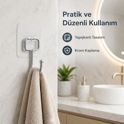 Yapışkanlı Askılık Krom Kaplama, Delmeden Montajlı Banyo ve Mutfak Askısı, Şeffaf Yapışkan Tabanlı Metal Askı, Havlu Bez Anahtar Askılığı(2 Adet Gönderilmektedir)
