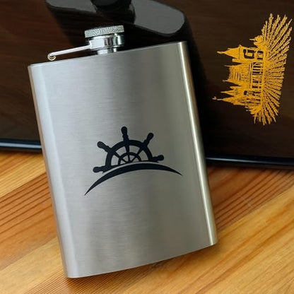 Perlotus 8 Oz 235 cc Hunili Cep Tipi Kapaklı Çelik Gemi Dümeni Temalı İçki Matarası