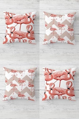 Flamingo Zigzag Desenli Gizli Fermuarlı Kırlent Kılıfı Koltuk Yastık Kılıfı Takım(4adet), Beyaz-Pembe 43 x 43