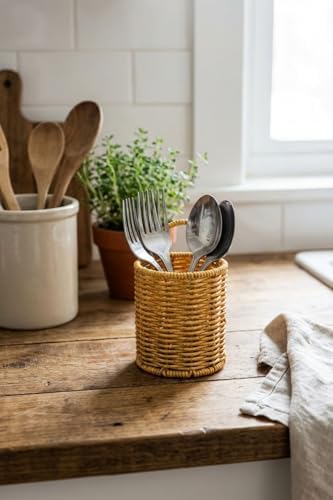 Yuvarlak Hasır Dokulu Plastik Rattan Kaşıklık ve Çatallık, Askılı Çok Amaçlı Mutfak Organizeri, 10x14 cm