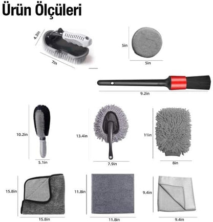 Coofbe Profesyonel Mikrofiber 9 Parça Araç Temizleme Seti Araç Lastik Torpido Jant Yıkama Seti Araç Fırca Seti