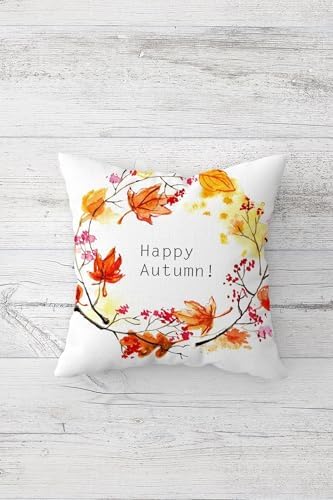 Happy Autmn Sonbahar Yaprakları Gizli Fermuarlı Kırlent Kılıfı Koltuk Yastık Kılıfı Takım(4ADET), Sarı-Kahverengi 45 x 45
