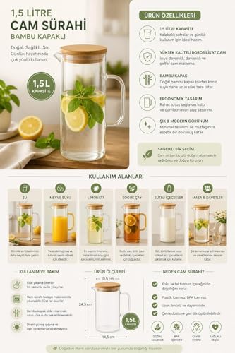 Cam Sürahi 1,5 Litre Bambu Kapaklı, Borosilikat Cam Sürahi, Limonata Sürahisi, Soğuk Çay ve Meyve Suyu Sürahisi, Şeffaf Cam İçecek Sürahisi, Damlatmaz Ağız Tasarımı, Ergonomik Kulplu