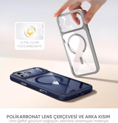 iPhone için Özel Geliştirilmiş Kamera Çerçevesini Koruyan, Arkası Şeffaf (Parlak) Polikarbonat Kenarları Silikon Magsafe ile Uyumlu Kılıf Akıllı Tasarım Kapak (Gri, iPhone 17 Pro Max)