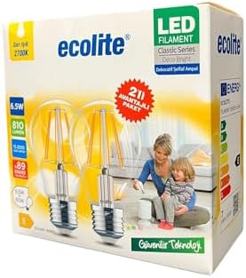 6,5W LED Filament Ampul E27 | 60W Eşdeğer | 2700K Sarı Işık | 810 Lümen | 2’li Paket | Enerji Sınıfı E