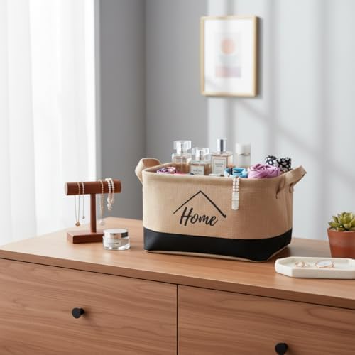 Dikdörtgen Jüt Düzenleyici Sepet (24x17x14 cm) – Krem Renk Katlanabilir Kumaş Kulplu Organizer | Ev, Mutfak, Banyo, Çocuk Odası ve Ofis İçin Çok Amaçlı Saklama Kutusu 2 MODEL (KREM-SİYAH)
