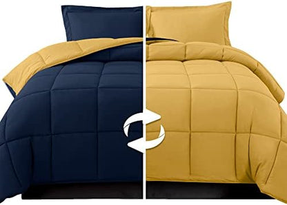 Elegant Comfort 3 Parça Ters Çevrilebilir Yorgan Seti, Dört Mevsim Rahat, Yumuşak Kuş Tüyü Alternatif, Kapitone - Kutu Dikişli - 4 Köşe Sekmeli Nevresim Takımı, Süslü Yorgan, Kral, Lacivert/Sarı