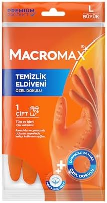 Macro Max Büyük Boy Large Beden Temizlik Eldiveni Pamuklu İç Yüzeyli, Kaydırmaz Desenli