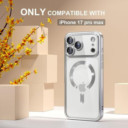 Manyetik iPhone 17 Pro Max Kılıfı MagSafe ile Uyumlu Kablosuz ŞarJ Destekli Tam Kamera Lens Koruyucu Kaplama Yumuşak Şeffaf Telefon Kılıfı, (iphone 17 pro max silver)