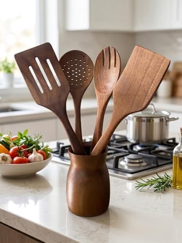 Premium Akasya Ağacı Mutfak Gereçleri Seti - 4 Parça Kaşık/Spatula Seti ve Şık Ahşap Tutucu - Gıdayla Temasa Uygun, Doğal ve Antibakteriyel - Mutfak İçin Ergonomik Tasarım