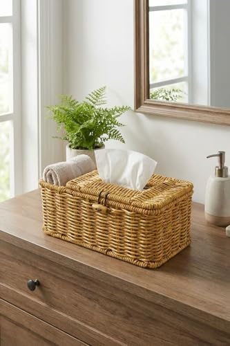 Bölmeli Kapaklı Doğal Rattan Görünümlü Hasır Organizer Sepet, Peçetelik, Makyaj ve Takı Düzenleyici, Plastik, 24x10x10 cm