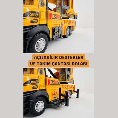 Oyuncak İş Makinesi Sesli Işıklı Çek Bırak Vinç, Kule Vinç ve Kepçe 30 Cm Aksesuarlı Kapıları Açılan (Kule Vinç)