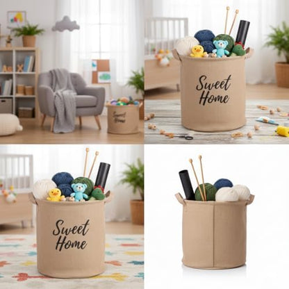 Yuvarlak Jüt Düzenleyici Sepet (Çap 32cm, Yükseklik 36cm) – Krem Renk Katlanabilir Kumaş Kulplu Organizer | Büyük Boy Oyuncak, Çamaşır, Battaniye ve Ev Tekstili Sepeti