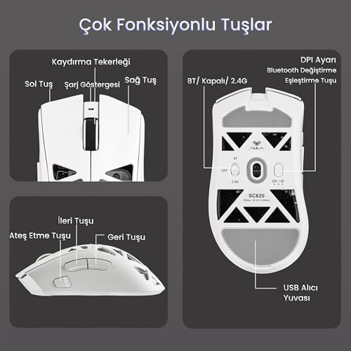Aula SC620 PAW3311 Sensör 12000 DPI 1000Hz Kablolu ve Kablosuz Gaming Oyuncu Mouse Beyaz