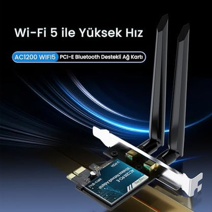 AX1200 Wi-Fi 5 Alıcı ve Bluetooth 4.2 Adaptör 5DB Dual Anten PCIe Wifi Ağ Kartı