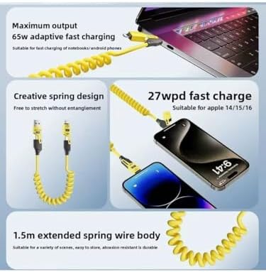4in1 Spiral Şarj Kablosu 65W Hızlı Şarj - USB-A Type-C Lightning Çoklu Kablo - Esnek Yay Tasarım - Premium Kalite Çok Fonksiyonlu Data Kablosu (Sarı)