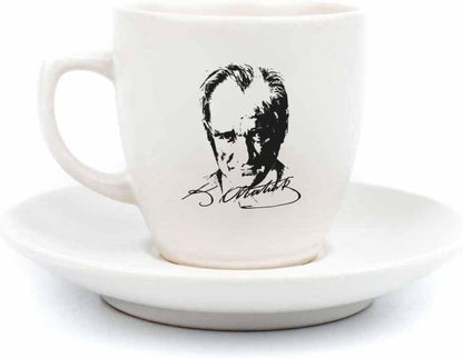 Atatürk Portre Krem Türk Kahvesi Fincanı - Hediye Seramik Türk Kahvesi Fincanı