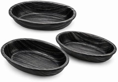 Siyah Oval Sunum Tabağı Seti, 3'lü, 26x16 cm, Modern Tasarım, Atıştırmalık ve Yemek Servisi için, Plastik 3 lü
