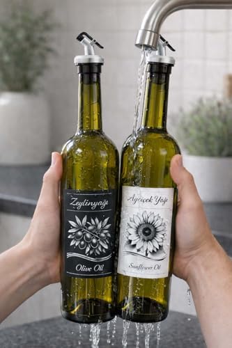 Zeytinyağı ve Ayçiçek Yağı Şişesi Seti, Beyaz Etiket ve Yağdanlık Aparatlı, Korumalı Ahşap Standlı 750 ml, 2 Adet, Yeşil Cam Şişe (Korumalı Standlı, Gri)